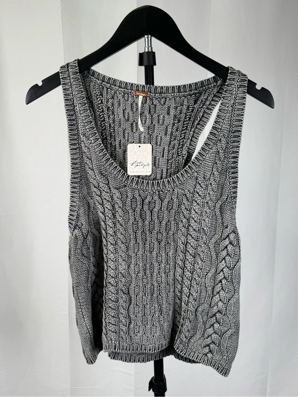NWT Free People Cable Knit Sweater Tank Gray Cotton Scoop Neck Slouchy Top S
